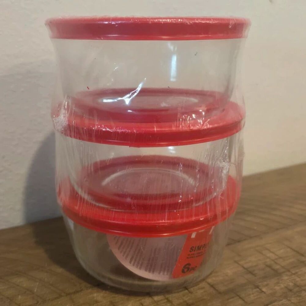Pyrex Simply Store 6 Piece Set 3 Round 2 Cup Glass Containers Red Lids New